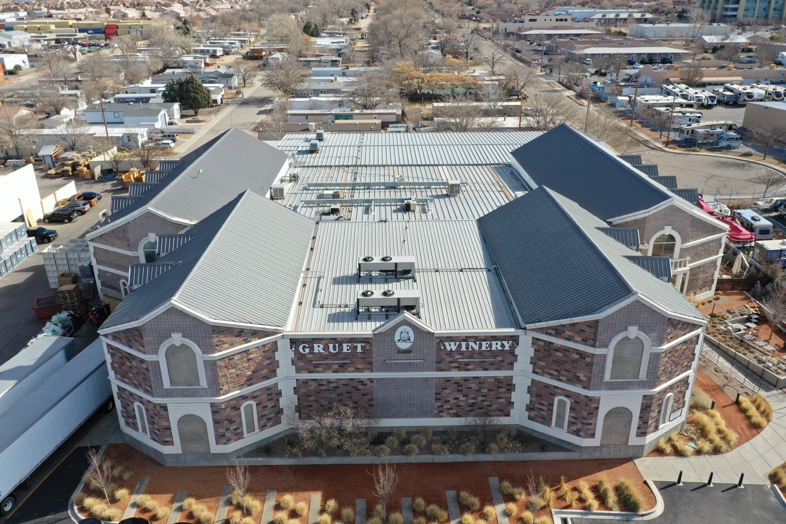 Aerial view of completed metal roofing at Gruet Winery